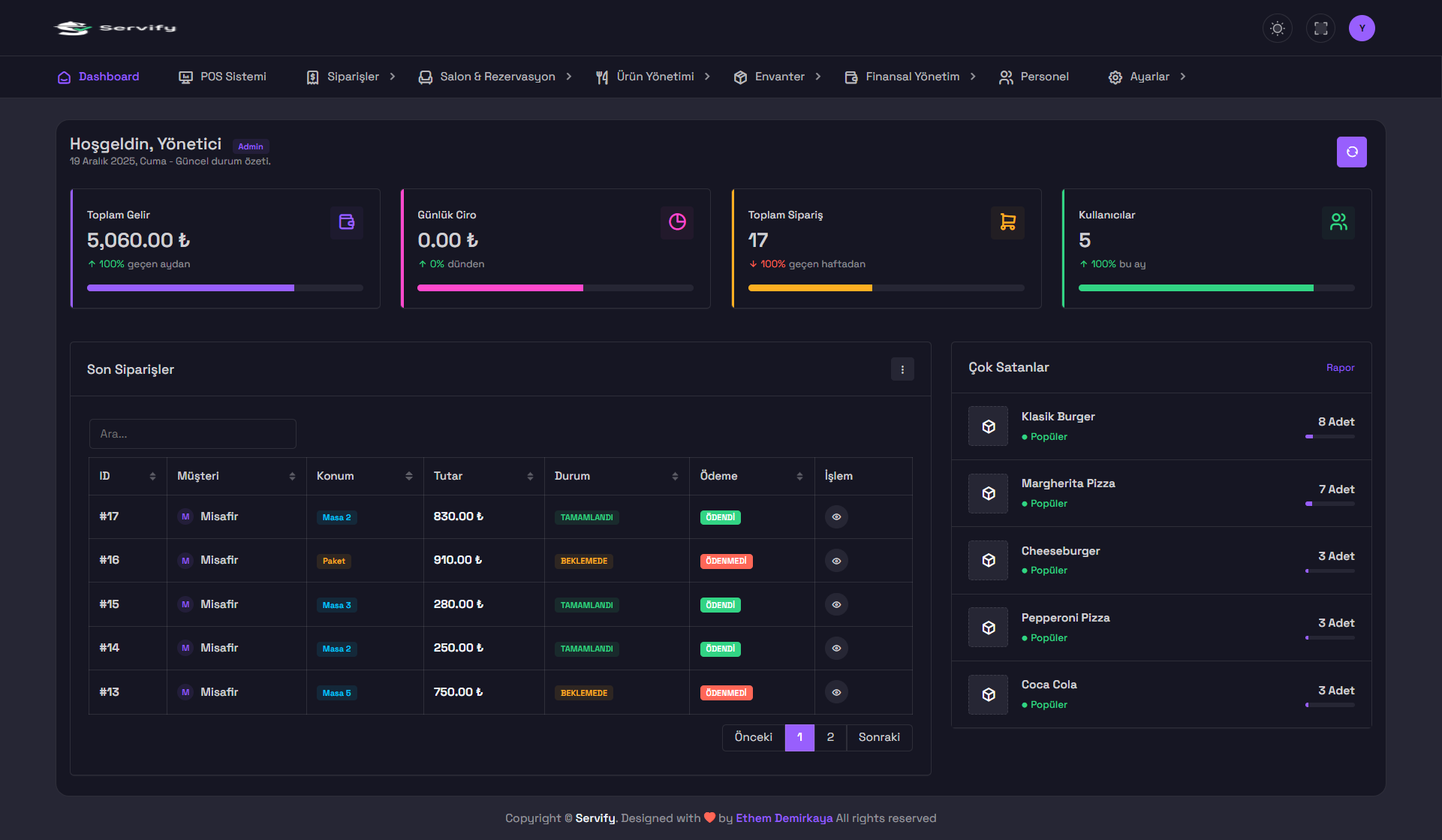 Servify | Entegre Restoran POS ve Stok Yönetimi